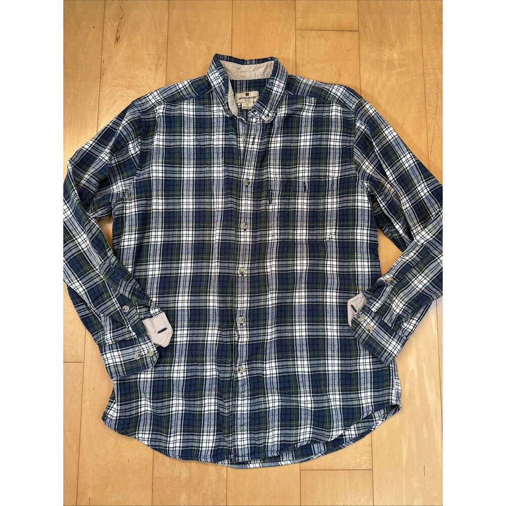 VINTAGE WOOLRICH men’s Plaid Green Navy Blue White Size M 100% Cotton